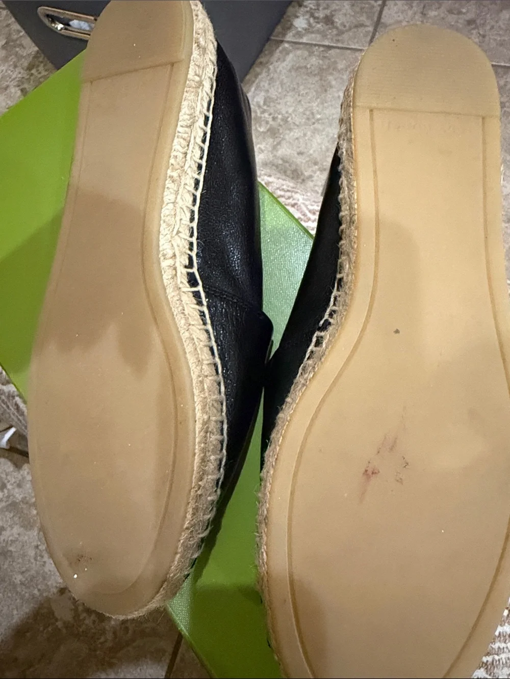 Tory Burch Black Leather Espadrille Flats with Gold Logo Medallions